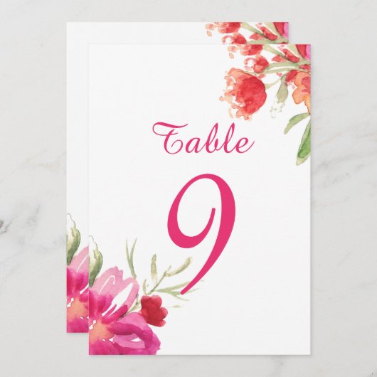 Carte de numéros de table à fleurs aquarelle rose (Devant / Derrière)