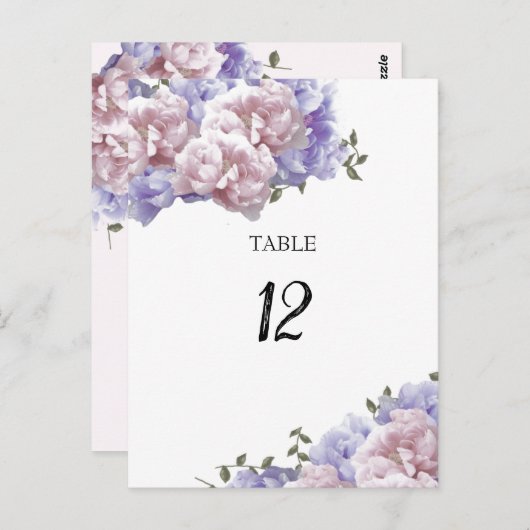 Carte de numérotation de table florale de pivoine (Devant / Derrière)