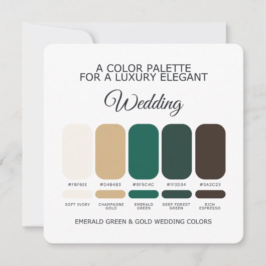 Carte de palette de couleurs de mariage Vert Émera (Devant)