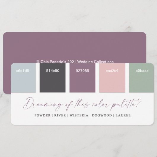 Carte de palette de couleurs de mariage violet et  (Devant / Derrière)