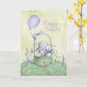 Carte de Pâques à l'aquarelle Lapin et panier d'œu (Fleur jaune)