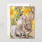Carte de Pâques aux fleurs vintage et lapin (Devant / Derrière)