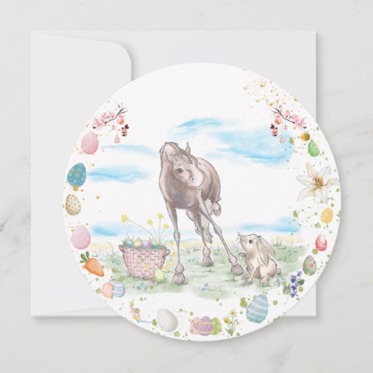 Carte de Pâques avec cheval et lapin de Pâques (Devant)