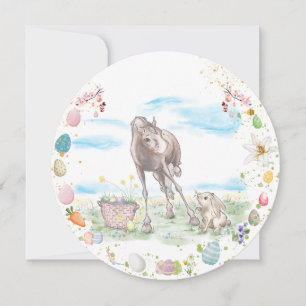 Carte de Pâques avec cheval et lapin de Pâques