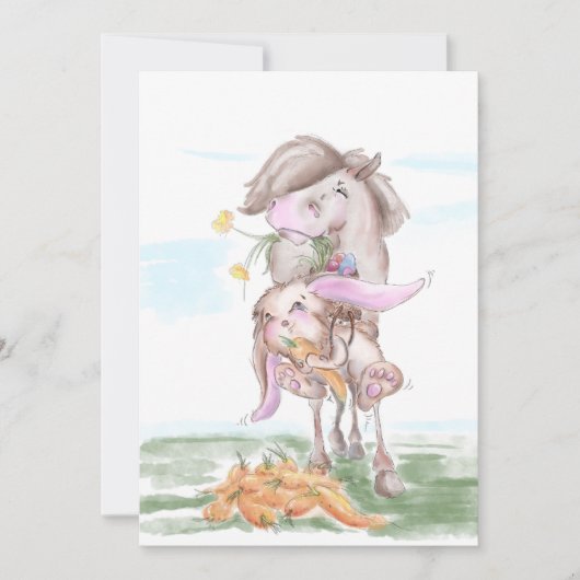 Carte de Pâques avec lapin doux et cheval (Devant)