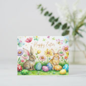 Carte de Pâques avec lapins mignons, fleurs et oeu (Debout devant)