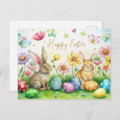 Carte de Pâques avec lapins mignons, fleurs et oeu (Devant / Derrière)