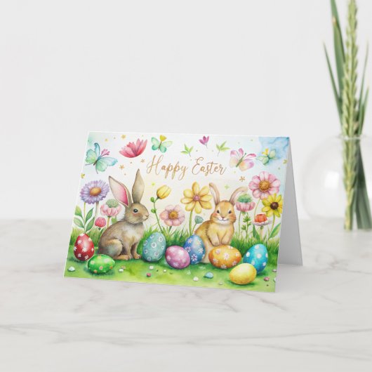 Carte de Pâques avec lapins mignons, fleurs et oeu (Devant)