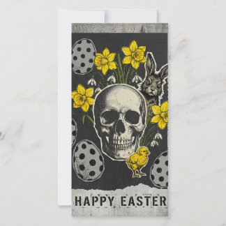Carte de Pâques crâne joyeuse avec jonquilles, lap