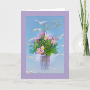 Carte de Pâques de la petite-fille avec des fleurs