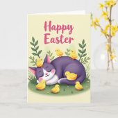 Carte de Pâques du chat de Spring endormi (Fleur jaune)
