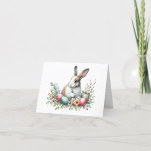 Carte de Pâques joli lapin et fleurs