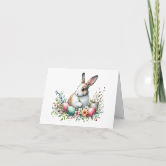 Carte de Pâques joli lapin et fleurs (Devant)