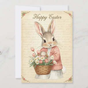 Carte de Pâques Joyeuse - Lapin avec Panier de Fle