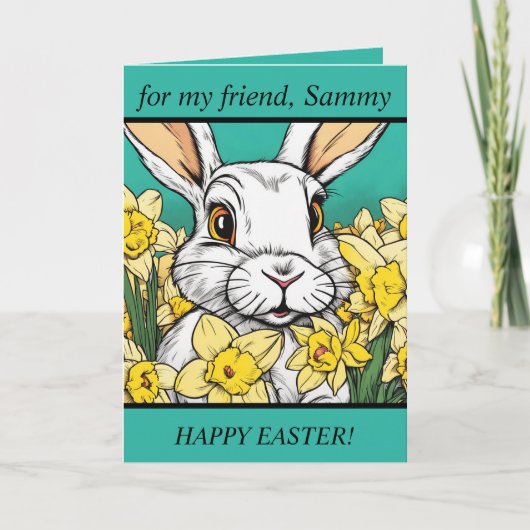 Carte de Pâques joyeuse. Lapin de Pâques. Texte mo (Devant)
