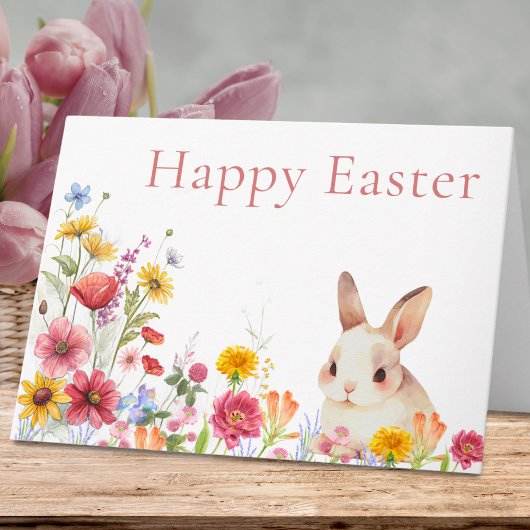 Carte de Pâques Joyeuse Lapin Mignon & Fleurs Sauv