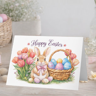 Carte de Pâques Lapin Aquarelle avec Tulipes