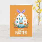 Carte de Pâques Lapin Bleu Ruban Orange (Fleur jaune)