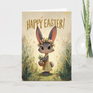 Carte de Pâques Lapin Couronne de Fleurs Robe Jaun