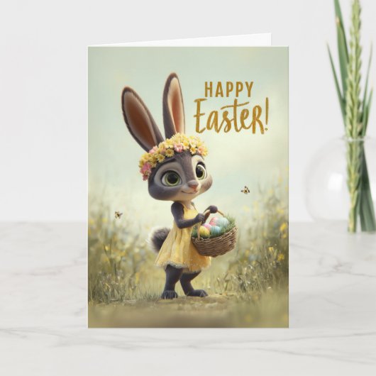 Carte de Pâques Lapin de Printemps en Robe Jaune (Devant)