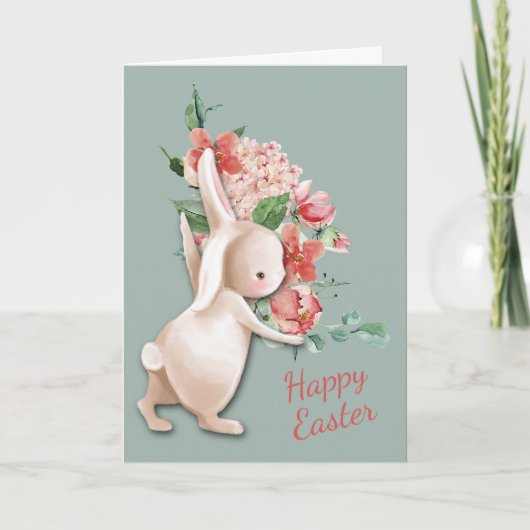 Carte de Pâques Lapin Livrant des Fleurs (Devant)