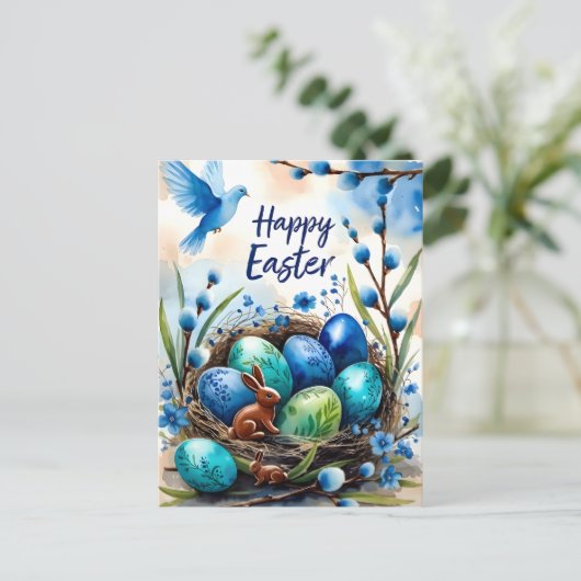 Carte de Pâques Lapin Nid Aquarelle Joyeuse (Debout devant)