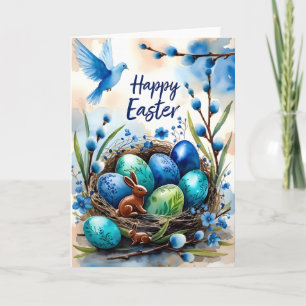 Carte de Pâques Lapin Nid Aquarelle Joyeuse