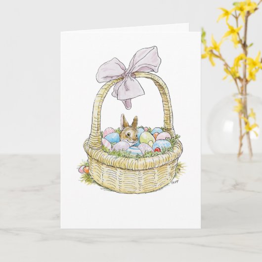 Carte de Pâques Lapin Panier (Fleur jaune)