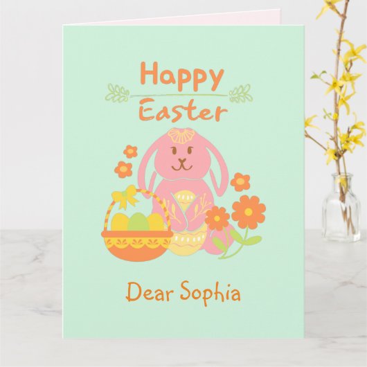 Carte de Pâques Lapin Rose et Fleurs (Fleur jaune)