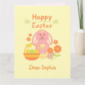 Carte de Pâques Lapin Rose et Fleurs Joyeuses (Devant)
