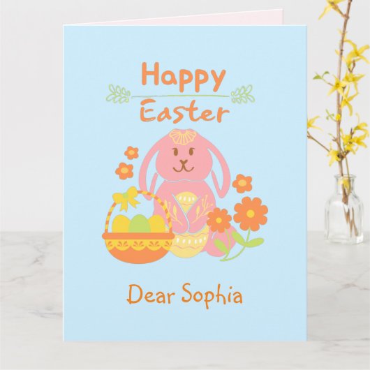 Carte de Pâques Lapin Rose et Fleurs Joyeuses (Fleur jaune)