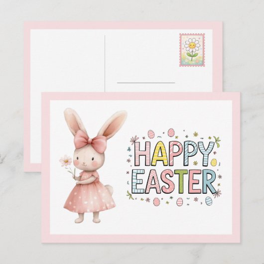 Carte de Pâques Lapin Rose Joyeuses Pâques (Devant / Derrière)