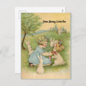 Carte de Pâques, Petite fille avec lapins blancs (Devant / Derrière)