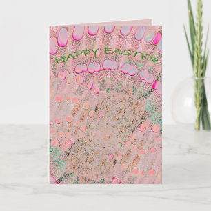 Carte de Pâques rose avec des œufs dans un jardin