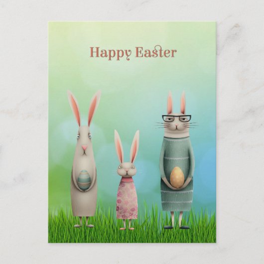 Carte de Pâques Trois Lapins dans l'Herbe (Devant)