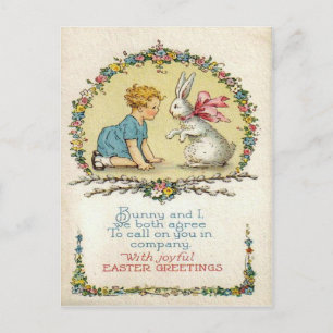 Carte de Pâques vintage avec un lapin et un enfant