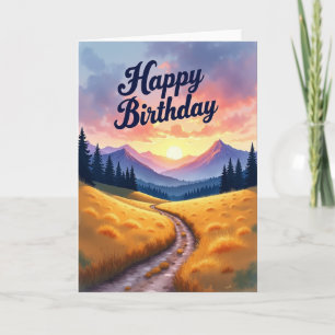 Carte de paysage d'anniversaire au coucher du sole