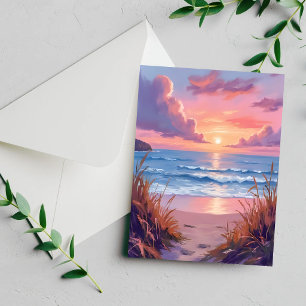 Carte de peinture à l'aquarelle de coucher de sole