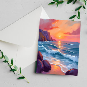 Carte de peinture à l'aquarelle de plage de vagues