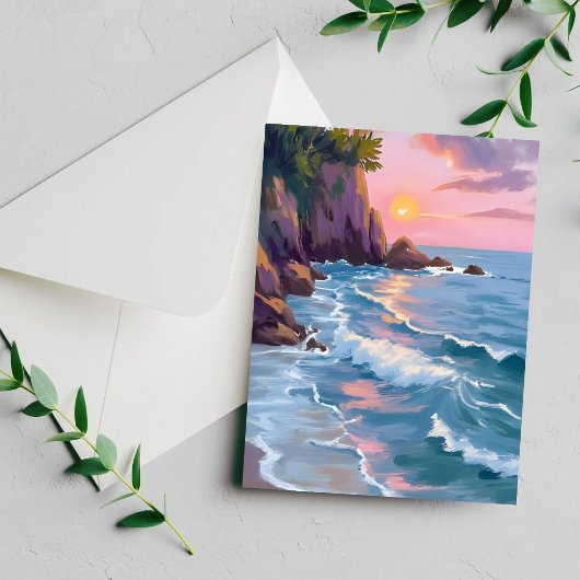 Carte de peinture à l'aquarelle du coucher de sole