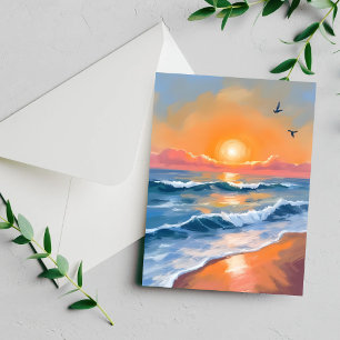 Carte de peinture à l'aquarelle du coucher de sole