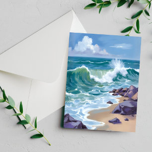 Carte de peinture aquarelle de vagues d'océan bleu