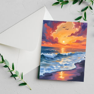 Carte de peinture de paysage marin de coucher de s
