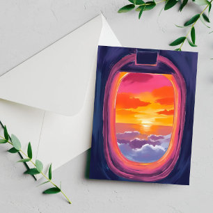 Carte de peinture de voyage en avion au coucher du