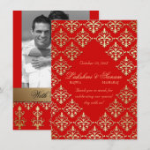 Carte de photo d'invitation indienne damassé rouge (Devant / Derrière)