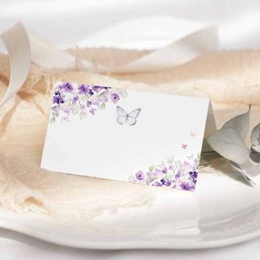 Carte de place papillon fleuri violet argenté