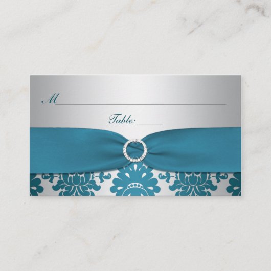 Carte de place Turquoise Damask RIBBON en argent (Devant)
