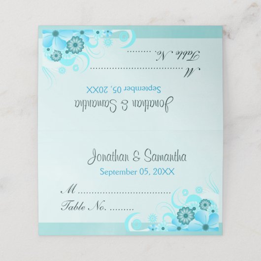 Carte De Placement Aqua bleu clair Hibiscus Floral Table pliée (Extérieur déplié)