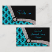 Carte De Placement Aqua Blue & Black Damask Gem Sparkle (Devant / Derrière)