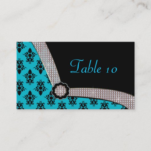 Carte De Placement Aqua Blue & Black Damask Gem Sparkle (Devant)